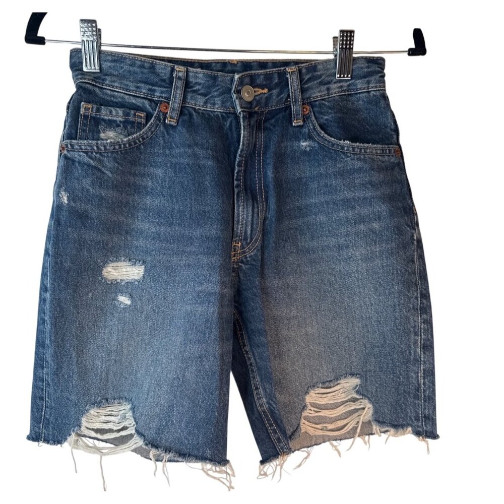 ZARA Distressed Size 0 High-Waisted Denim Shorts Cotton Blue Frayed Hem